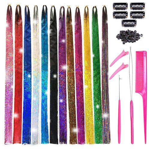 Tototoo Hair Tinsel 3000 Strands With Tools 44 Inch 12 Colors Fairy Hair Heat Resistant Glitter Hair Tinsel Strands Kit Sparkling Shiny Hair Extensions (12 Colors/3000 Stands)