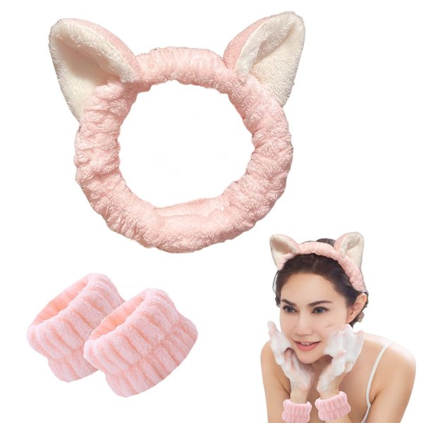 3-Pack Cat Ears Spa Headband and Wristband Set, Soft Plush Makeup Skincare Headband Wrist Bands, Cute Cat Ears Face Wash Headband and Towel Wristband Set for Women Girls Washing Face Skin Care(Pink)