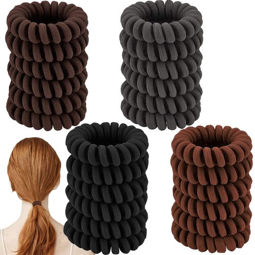 24 Pieces Spiral Hair Ties Ponytail holder Coil Hair Ties for Thick Hair Thin Hair No Crease Hair Ties for Women Girls Phone Cord Hair Ties for all Hair Types (Light Brown, Dark Brown, Dark Grey, Black)