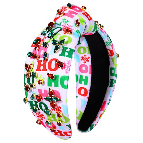 CEALXHENY Christmas Headband for Women Holiday Christmas Accessories Beaded Xmas Bow Tree Snowflake HOHOHO Knotted Headband Red Green Crystal Pearl Top Knot Headband Festive Holiday Gifts (HOHOHO 3)