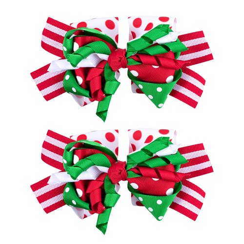 Christmas Curly Bow Hair Clips 5'' Red White Green Ribbon Striped Cheer Bow Barrette Holiday Polka Dot Alligator Pins Toddler Girls Kids Xmas Decor Accessory Gift