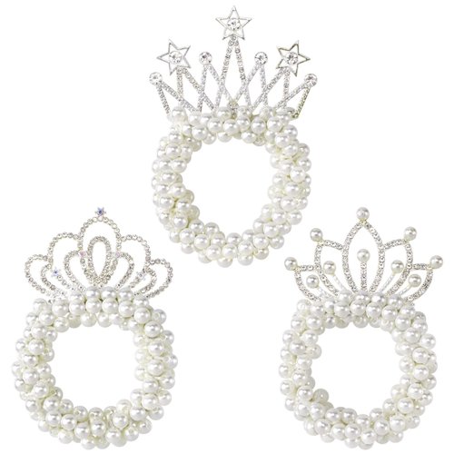 Isslly 3PCS Pearl Hair Ties with Crown, Pearl Rhinestones Crown Scrunchies, Star Crown Pearl Beaded Elastic Hair Tie, Cute Ponytail Holders for Girls, Women, Flower Girl for Parties