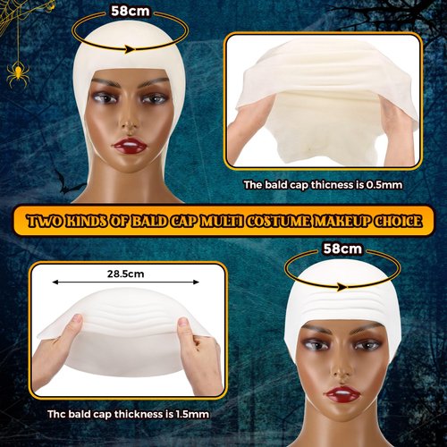 Syhood 4 Packs Halloween Bald Caps Makeup Latex Bald Head Wig Cap Bald Hat Costume Accessories for Women Men Adults(White,Stylish)