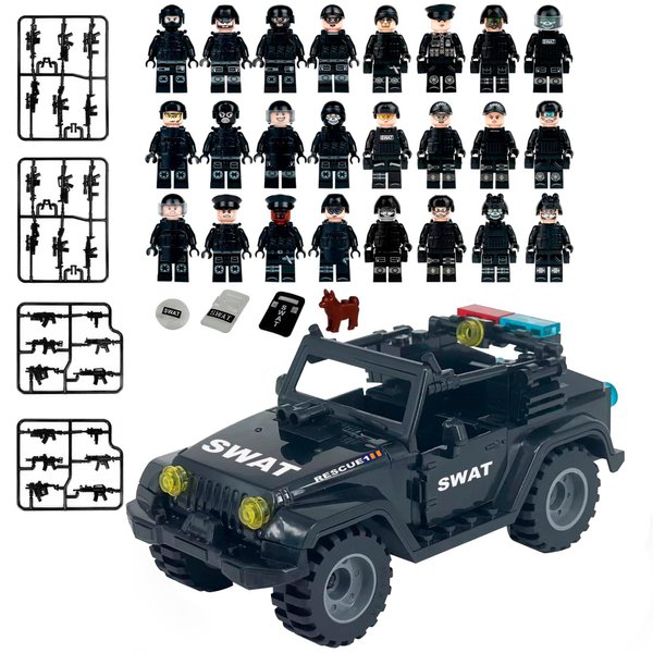 Toysvill SWAT Military Police Building Block Set for Kids | SUV + Soldiers Minifigures (24 PCS) with Weapons and Accessories Gift