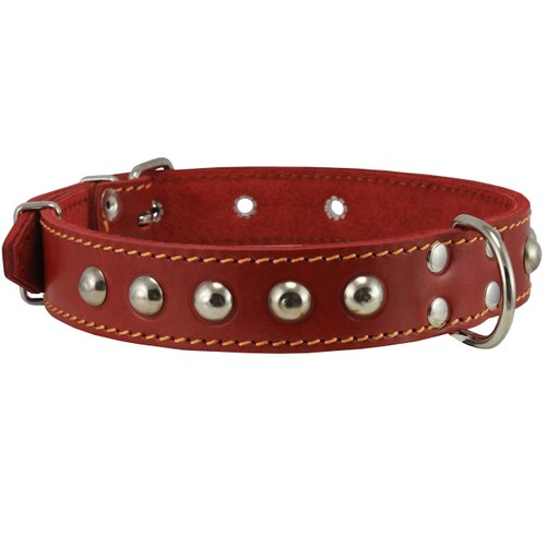 Genuine 1" Wide Thick Leather Studded Dog Collar. Fits 14"-17" Neck, Medium Breeds.