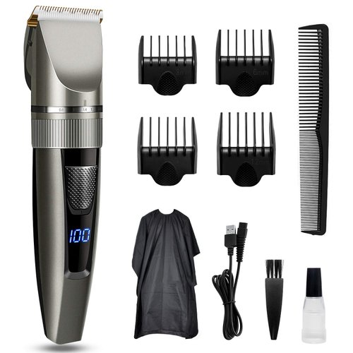 Newest Hair Clippers, Qhou Professional Hair Trimmer for Men, Corded/Cordless USB Rechargeable Clippers Set Electric Barber Home Hair Cutting Kit Beard Trimmer for Men with Combs and Cape- Gray