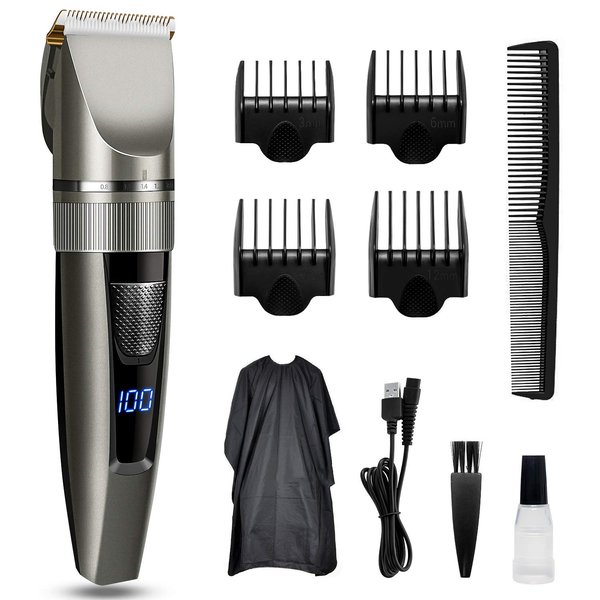 Newest Hair Clippers, Qhou Professional Hair Trimmer for Men, Corded/Cordless USB Rechargeable Clippers Set Electric Barber Home Hair Cutting Kit Beard Trimmer for Men with Combs and Cape- Gray