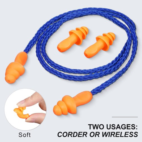 Tondiamo 200 Pairs Ear Plugs Reusable Silicone Earplugs with Cord Sleeping Individually Wrapped Hearing Protection Noise Cancelling Earplugs for Work Construction Shooting Sports(Blue, Orange)