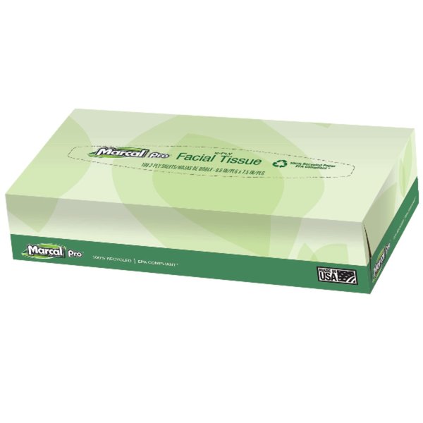 Marcal PRO 100% Recycled Convenience Pack Facial Tissue, Septic Safe, 2-Ply, White, 100 Sheets/box, 30 Boxes/carton