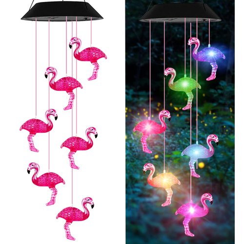 AIONASA Solar Wind Chimes , Flamingo Wind Chimes Birthday Gifts for Mom Grandma Dad, IP65 Waterproof Memorial Wind Chimes with 7 Color Changing LED Lights, Outdoor Decor Garden Yard Decorations