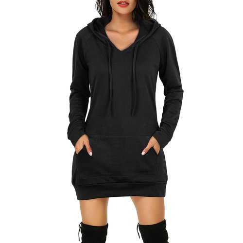 BEPEI Womens Long Sleeve Tunic Sweatshirt String Hoodie With Pocket Black L