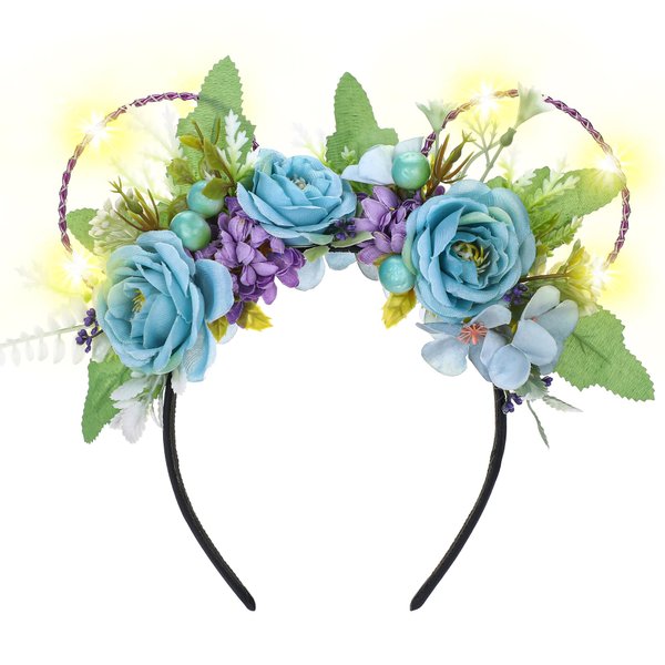 VISSTREE Handmade Floral LED Light Up Mouse Ears Headwear - Blue Flower Ears Headband for Women Girls Themed Park Wedding Birthday Party Costume