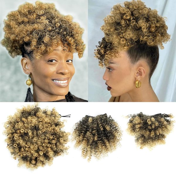 Afro Puff Bun with 2 Replaceable Bangs for Natural Hair Afro High Puff Drawstring Ponytail with Afro Puff Bangs and Spring Curl Bangs Clip in Short Afro Kinky Curly Pineapple Hairstyle for Black Women