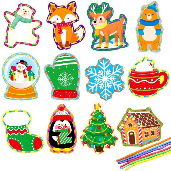 Winter Animal Lacing Cards 12 Packs Sewing Kits for Kids Christmas Cardboard Sewing Cards Lacing Games for Developing Imagination School Learning Activity Supplies Christmas Holiday Party Decorations