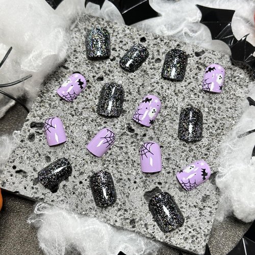 Halloween Press on Nails Short Square Fake Nails with Black Glitter Design Halloween Glue on Nails Full Cover Halloween Nails Stick on Nails for Women and Girls Halloween Nail Art Decoration 24Pcs