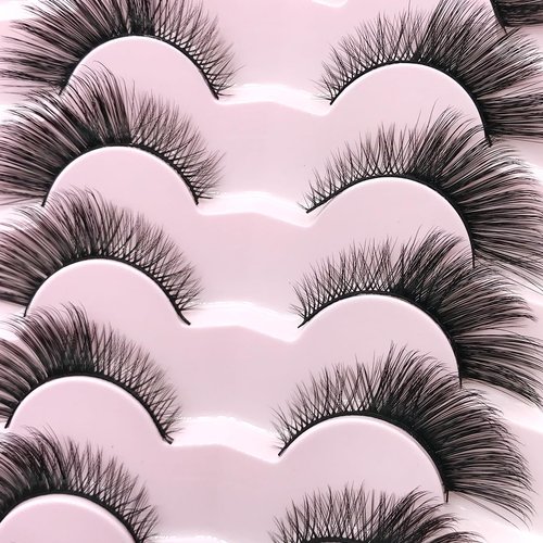 PAVONNE False Eyelashes Fluffy Mink Lashes Cat-Eye Look 6-13MM Black Wispy Long 8D Volume Fake Eyelash Strips 7 Pairs Pack