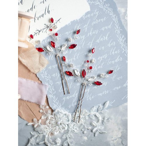 Kercisbeauty 2pcs Handmade Red Rhinestones Beads Hair Pins for Brides Hair Piece for Wedding Prom(Silver)