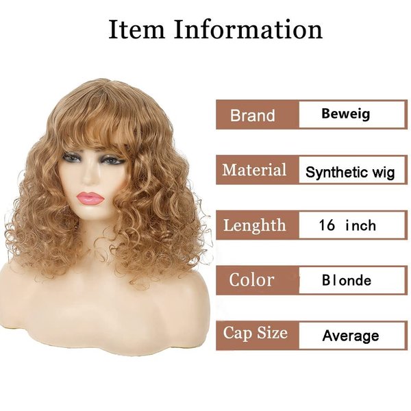 Beweig Short Afro Blonde Wigs for Women Shoulder Length Curly Wigs with Bangs Synthetic Kinky Curly Hair Wig Full Wigs,16 inches