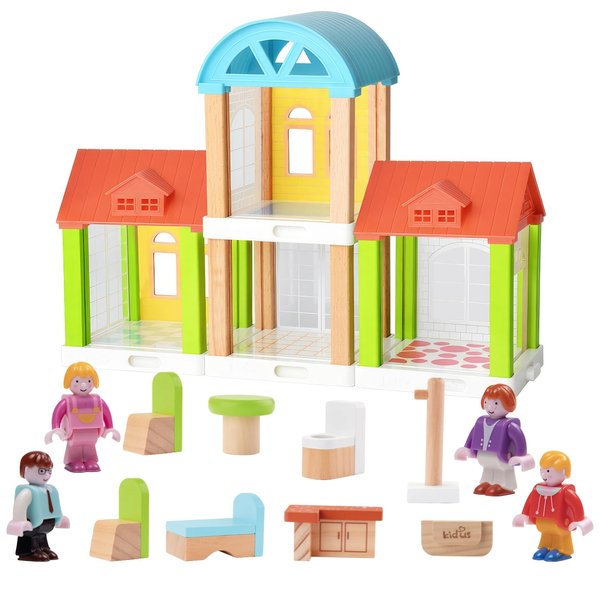 42-Piece Small Wooden Dollhouse Set, 4-Room Family Toy House with 4 Movable Dolls, DIY Doll House Furniture Accessories, Birthday for Kids Ages 3-8 (12.24" L x 4.06" W x 9.44" H)