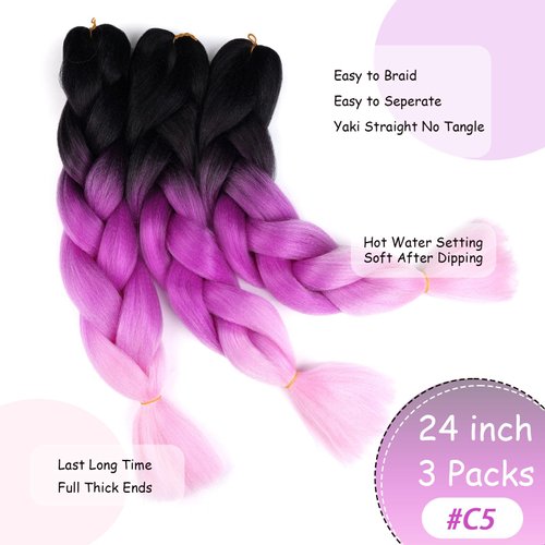Black Purple Pink Braiding Hair Extensions Ombre Braiding Hair 3 Packs 24 inch Synthetic Hair for Braiding
