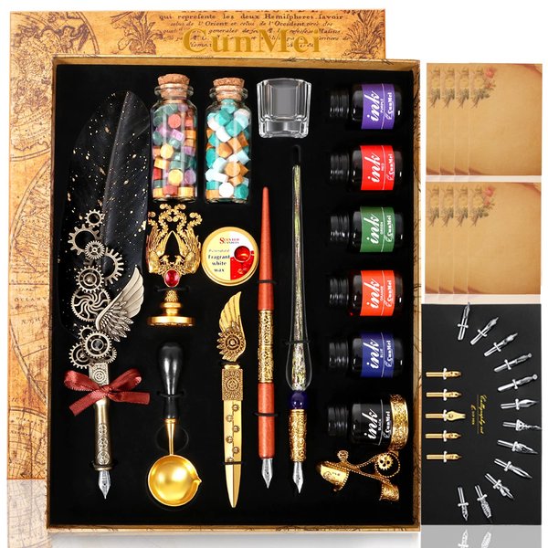 CunMei Quill Pen and Ink Set - Mechanical Punk Feather pen - Wooden Dip Pen - Glass Drawing Pen - Multi Ink Calligraphy Pen Set - Basic Wax Seal Stamp Kit- 17 Calligraphy Nibs（Black）