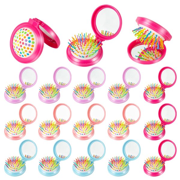 ONLYFU 18 Pcs Folding Travel Mirror Hair Brushes Round Folding Pocket Hair Brush Mini Portable Compact Hair Brush with Mirror for Women Girls