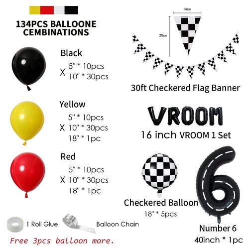 DEAPEICK 134pcs Race Car Balloon Birthday Party Supplies Decorations for Boys - Racing car Theme Party Supplies Happy Birthday Racecar Number Balloons Garland Kit Birthday Party (Arch, 6)