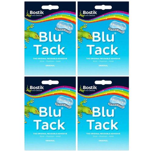 Adhesive BLU TACK Original Bostik Reusable Sticky Blue Home School Office Walls Hacks NO Marks Safe Craft Art Clean Handy, Alternative to Pins & Tape, DIY Strong Hold Stretching (4 x Packs BLU TACK)