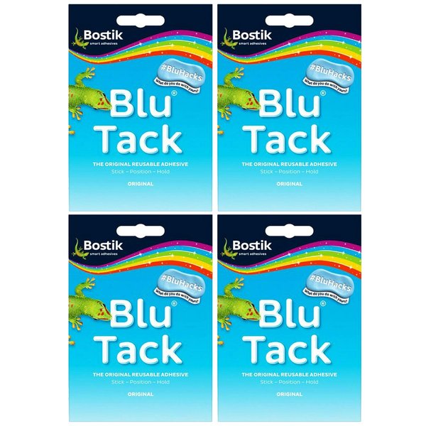 Adhesive BLU TACK Original Bostik Reusable Sticky Blue Home School Office Walls Hacks NO Marks Safe Craft Art Clean Handy, Alternative to Pins & Tape, DIY Strong Hold Stretching (4 x Packs BLU TACK)