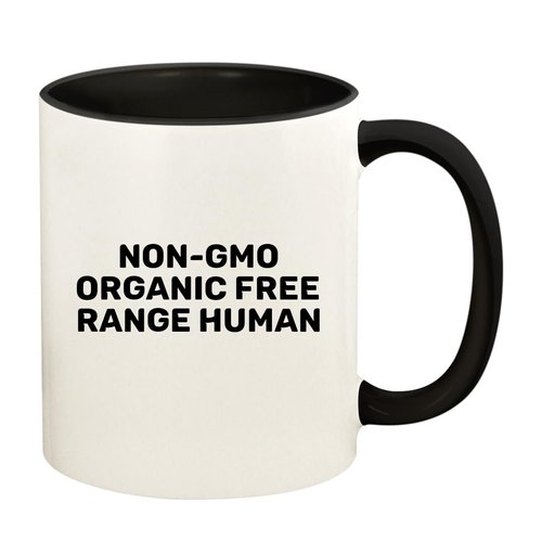 Knick Knack Gifts Non-GMO Organic Free Range Human - 11oz Ceramic Colored Handle and Inside Coffee Mug Cup, Black
