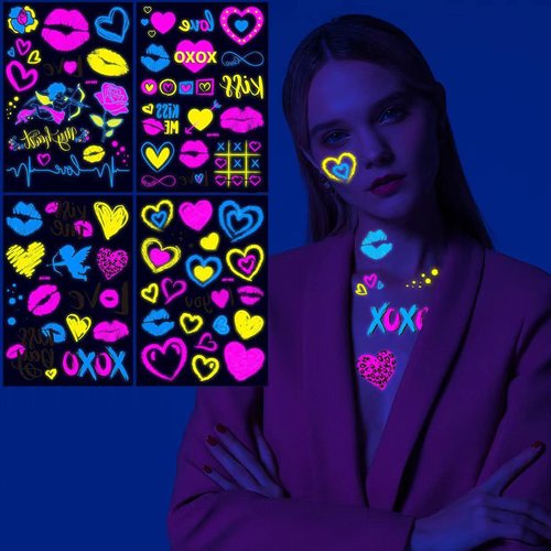 Maripabon Neon Temporary Tattoos New Love Mixed Style Glitter Cupid Red Lips Heart Flower Glow In The Dark UV Neon Tattoos Stickers 60 Flash Fake Waterproof Tattoos for Women Girls Body Art