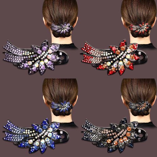 Yusier 4 Pack Gorgeous Crystal Hair Accessories Hair Clips Hair Bun Hair Clips for Women Duckbill Clips for Long Hair Ponytail Rhinestone Flower Styling Hair Clips (A)