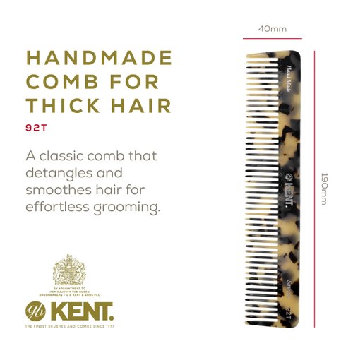 Kent 92TW Wide Tooth Comb Detangler Comb for Curly Hair - Detangling Hair Comb for All Hair Types, Mens Hair Comb, and Wet Comb Hair Comb for Women - Kent Comb Hair Styling and Detangling Comb