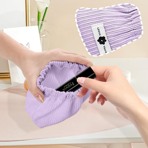 Koonafy 2pcs Corduroy Elastic Hair Tie Organizer Portable Travel Small Makeup Pouch Corduroy Lipstick Storage Bag for Hair Jewelry Lipstick Coin Purse for Women (Apricot+Purple)