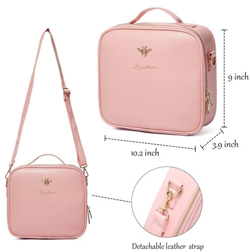 LACATTURA Travel Makeup bag, Leather Makeup Train Case Cosmetic Organizer for Makeup Brushes Toiletry Digital Accessories, Portable Artist Storage Bag With Shoulder Strap for Women Girls Pink