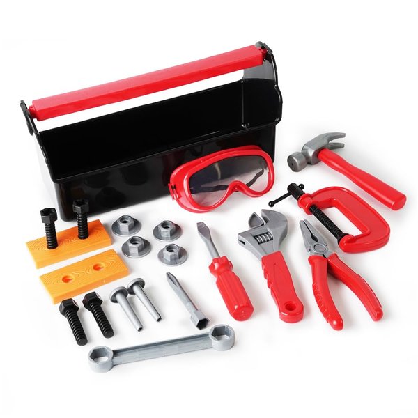 Boley 21-Piece Kids Tool Set with Toolbox – Realistic Toy Tools for Toddlers and Children – Safe and Durable Pretend Play Construction Set with Hammer, Wrench, Pliers, Goggles, Bolts, and More