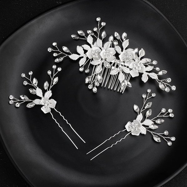 Handmade Bridal Hair Side Comb Wedding Clip &Pins Set, Sinide Leaves Rhinestone Bridal Barrette Flower Crystal Bridal Hair Accessories, Floral Vintage Hair Barrette Bridesmaids Headpiece