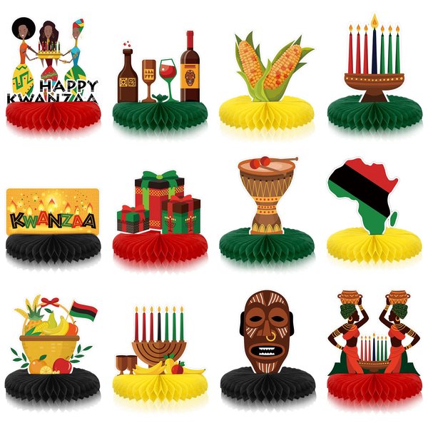 12 Pieces Kwanzaa Decoration Happy Kwanzaa Honeycomb Centerpieces African Holiday Table Decorations Paper Kwanzaa Table Toppers for Kwanzaa Party Decorations Supplies, 12 Styles