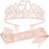 Vovii 50th Birthday Gifts for Women 50th Birthday Sash and Tiara Women Happy 50th Birthday Decorations for Women 50 and Fabulous Sash and Rhinestones Rose Gold Tiara for Women
