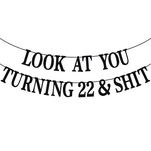 Black Glitter Look at You Turning 22 & Shit Banner, Happy 22nd Birthday/Level 22 Unlocked/Cheers to 22 Years, Funny 22nd Birthday Party Decorations Supplies