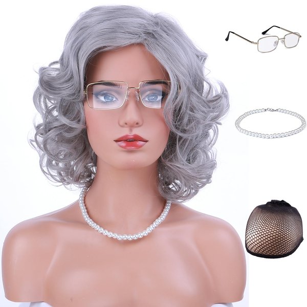 PATTNIUM Old Lady Wig Granny Costume Wig Grandma Wig Short Curly Gray Wig for Women Sythetic Wigs with Wig Cap