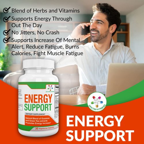 Spectra Vitamins Natural Energy Support 30 Capsules - Guarana Capsules - Vitamin B12 - Guarana and Green Tea Extracts - Citrulline Energy Supplements with Natural Energy Booster