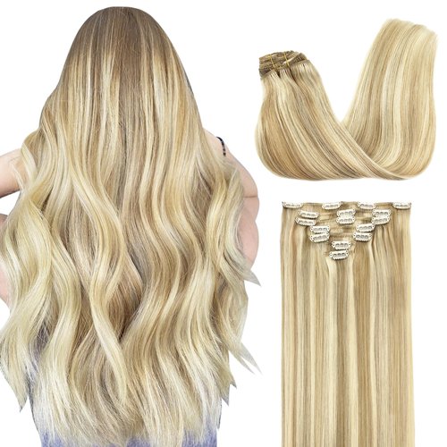 GOO GOO Clip in Hair Extensions Real Human Hair, 22inch 120g 7Pcs, 18A/613A Dark Blonde Highlighted Bleach Blonde, Remy Human Hair Extensions Clip ins for Women, Natural Human Hair