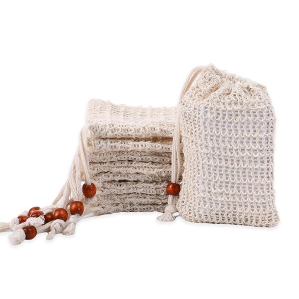 REDANHA 12PCS 3.5x5.5 Inches Plastic Reusable Sisal Soap Saver Bag with Drawstring and Wooden Bead Exfoliating Soap Pouch for Bath and Shower Foaming and Drying