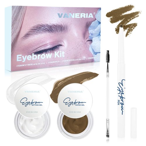 VANERIA Eye Brow Kit 4pcs,Brow Styling Soap,Brow Freeze For Fluffy Brows,Clear Brow Gel+Eyebrow Pomade+Eyebrow Pencils+Eyebrow Brush,Brow Wax Long Lasting Eyebrow Makeup.190g(Light Brown)