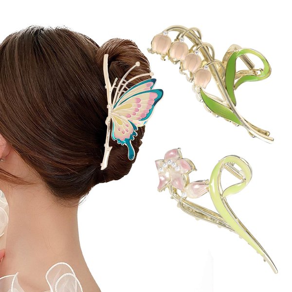 Yonchic 3-Piece Flower Metal Hair Clips, Muticolor Lily Hair Claw for Thin/Medium Thick Hair, Elegant Butterfly Floral Barrettes Strong Hold Clamps Non-Slip Cute Claws Accessories