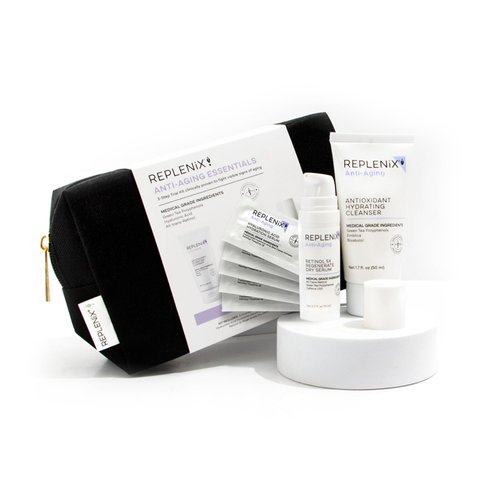 Replenix Anti-Aging Essentials 3 Step Trial Kit, Travel-Size Skincare Products for Mature Skin (Hyaluronic Acid Serum, Hydrating Cleanser, Retinol Serum), Cruelty and Paraben free