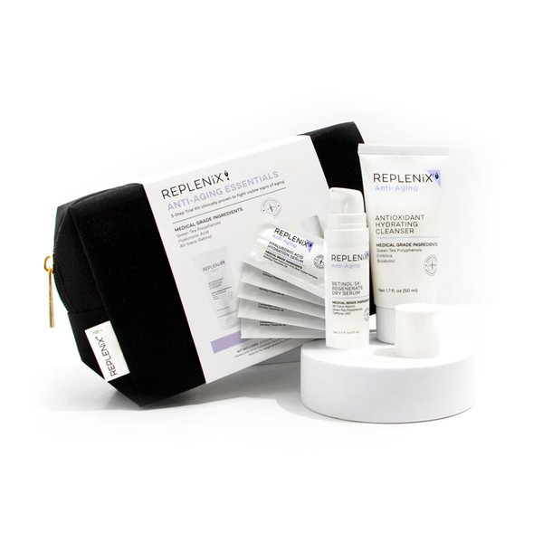 Replenix Anti-Aging Essentials 3 Step Trial Kit, Travel-Size Skincare Products for Mature Skin (Hyaluronic Acid Serum, Hydrating Cleanser, Retinol Serum), Cruelty and Paraben free