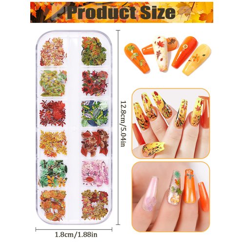 Kalolary 3 Boxes Fall Leaves Nail Art Sequins, 3D Maple Sycamore Ginkgo Leaf Nail Stickers Wood Pulp Glitter Flakes for Autumn Nail Art Decorations