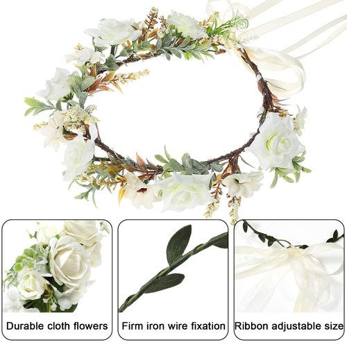 AWAYTR Leaf Flower Crown Garland Headpiece - Handmade Hair Floral Wreath Adjusatble Flower Headbands for Bridal Wedding Festival Party Flower Leaves Crown (Cream white)